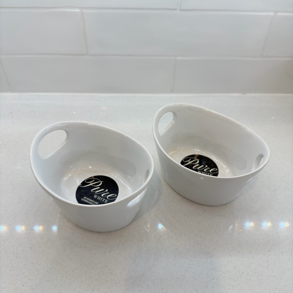 Pure White Ceramic bowls with Handles - Set of 2